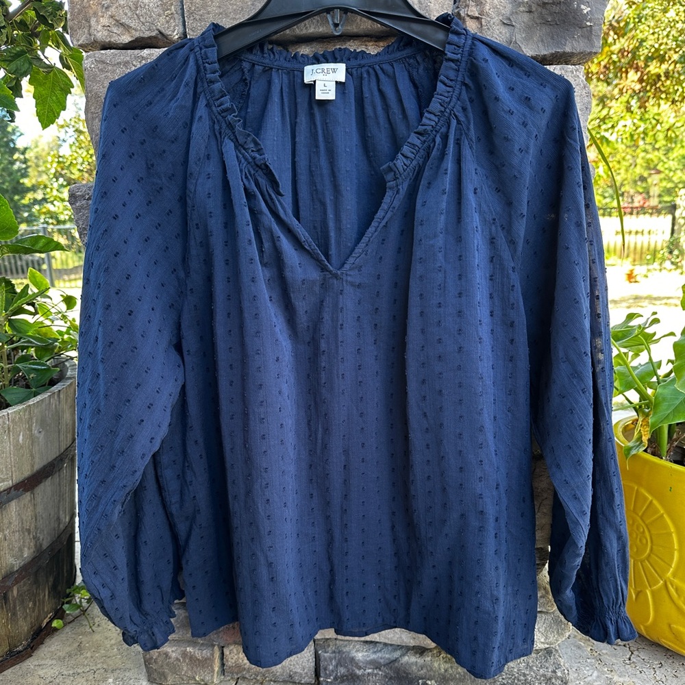 J. Crew Women's Navy Cotton Swiss Dot Peasant Blouse Large